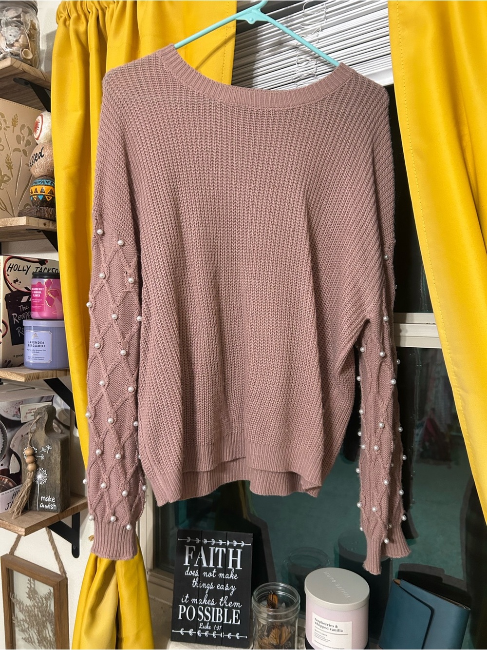 Women’s Pearl-Embellished Mauve Knit Sweater